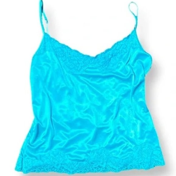 Vintage - Worthington Tops - Beautiful Vintage Y2K Turquoise Silky Satin & Lace Camisole Tank Top - XL
